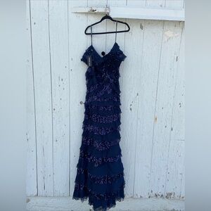 TADASHI SHOJI Navy Blue Eston Embellished Tiered Ruffle Gown With Rosette 18 New